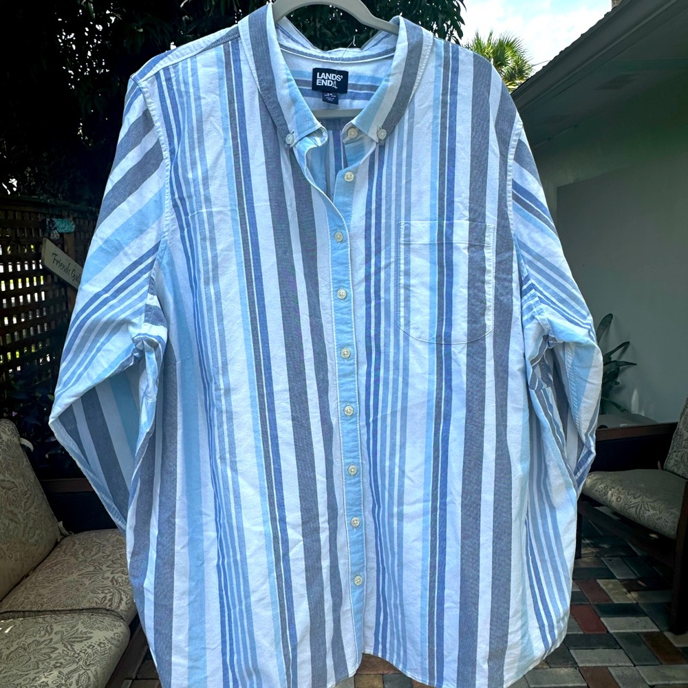 Lands' End Women's Light Blue and Gray Striped Shirt